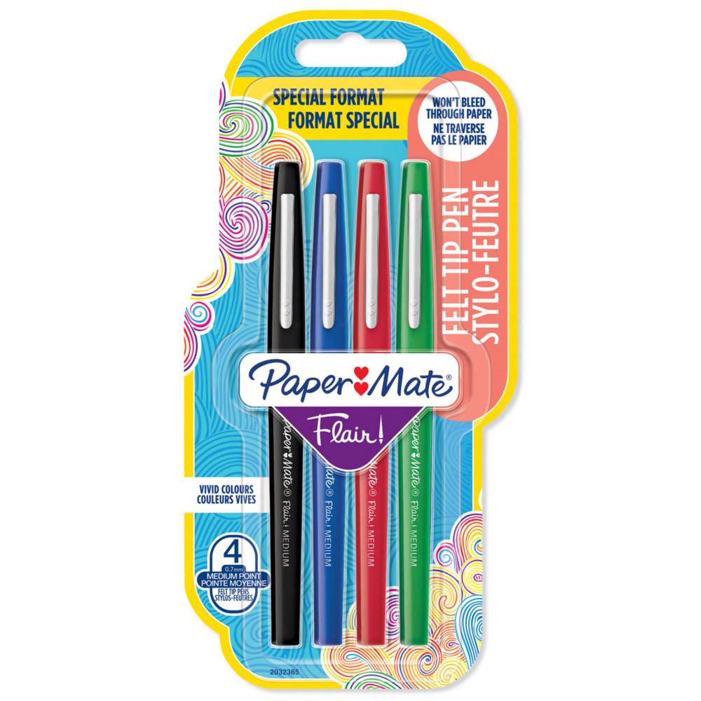 Stylo feutre Papermate Nylon Flair - pochette de 4 - coloris standard : bleu, noir, rouge, vert