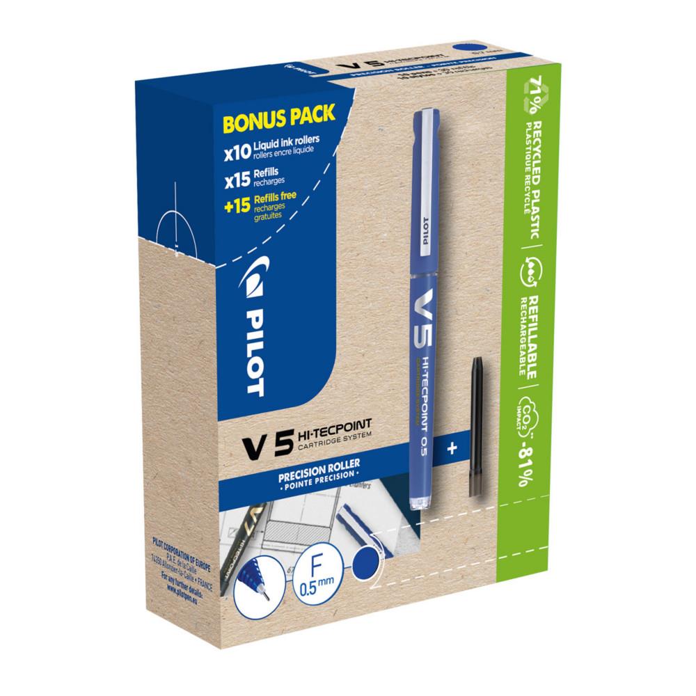 Stylo roller Hi-TecpointV5 rechargeable Pilot Greenpack pointe fine Bleu - Pack de 10 + 30 recharges