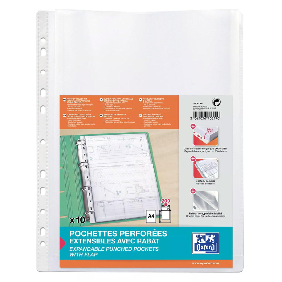 Pochettes perfores pour plans Oxford - polypropylne 20/100e - soufflet 2 cm - A4 - lot de 10