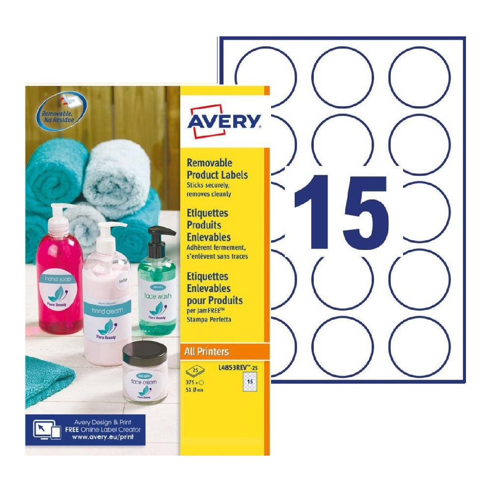 tiquettes multi-usages L4853REV Avery - enlevables - rondes - D.51 mm - blanc - 375 tiquettes par bote