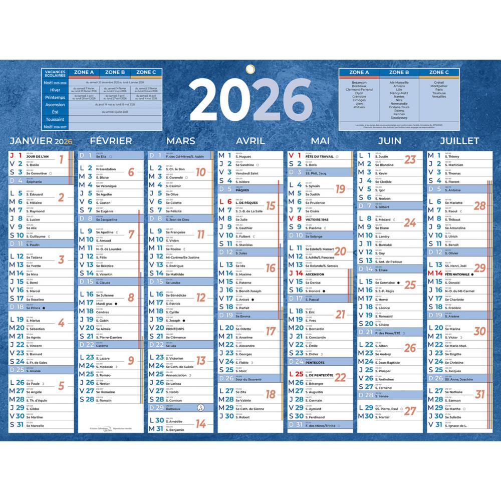 Calendrier mural annuel Bouchut - bleu - 32 x 42 cm