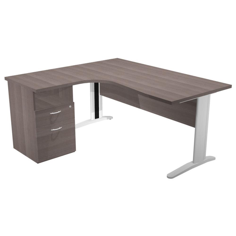 Pack Pulse m�tal - 1 bureau compact retour � gauche cendre - pieds L aluminium - 1 caisson hauteur bureau prof. 60 cm