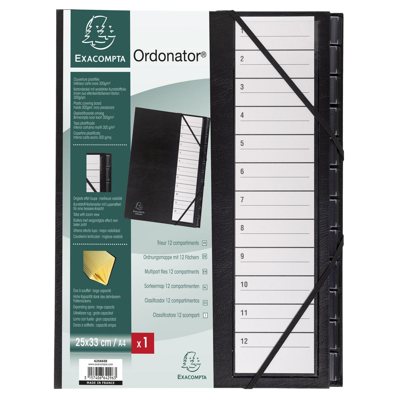 Trieur 12 compartiments couverture rigide plastifie  lastique onglets en plastique