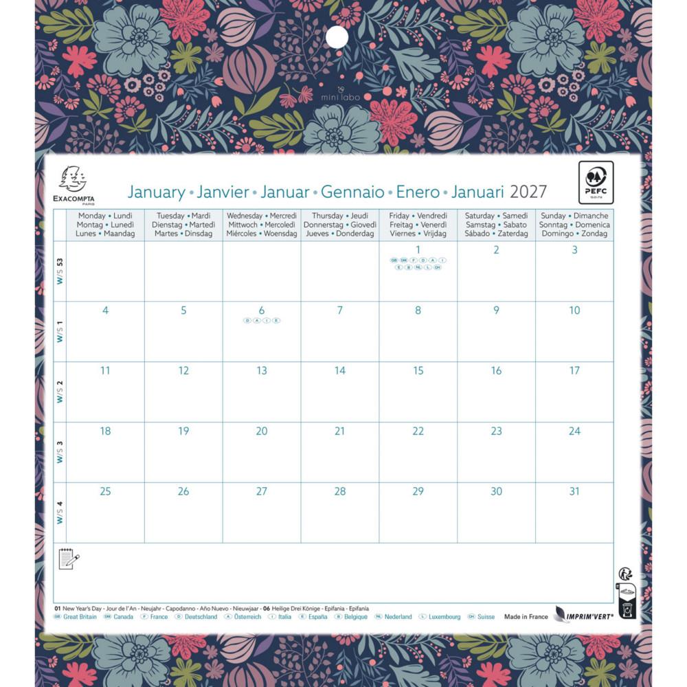 Calendrier mensuel Exacompta Mini Labo Format 27,5 x 30,5 cm - 1 mois par page - Janvier � d�cembre - 2027