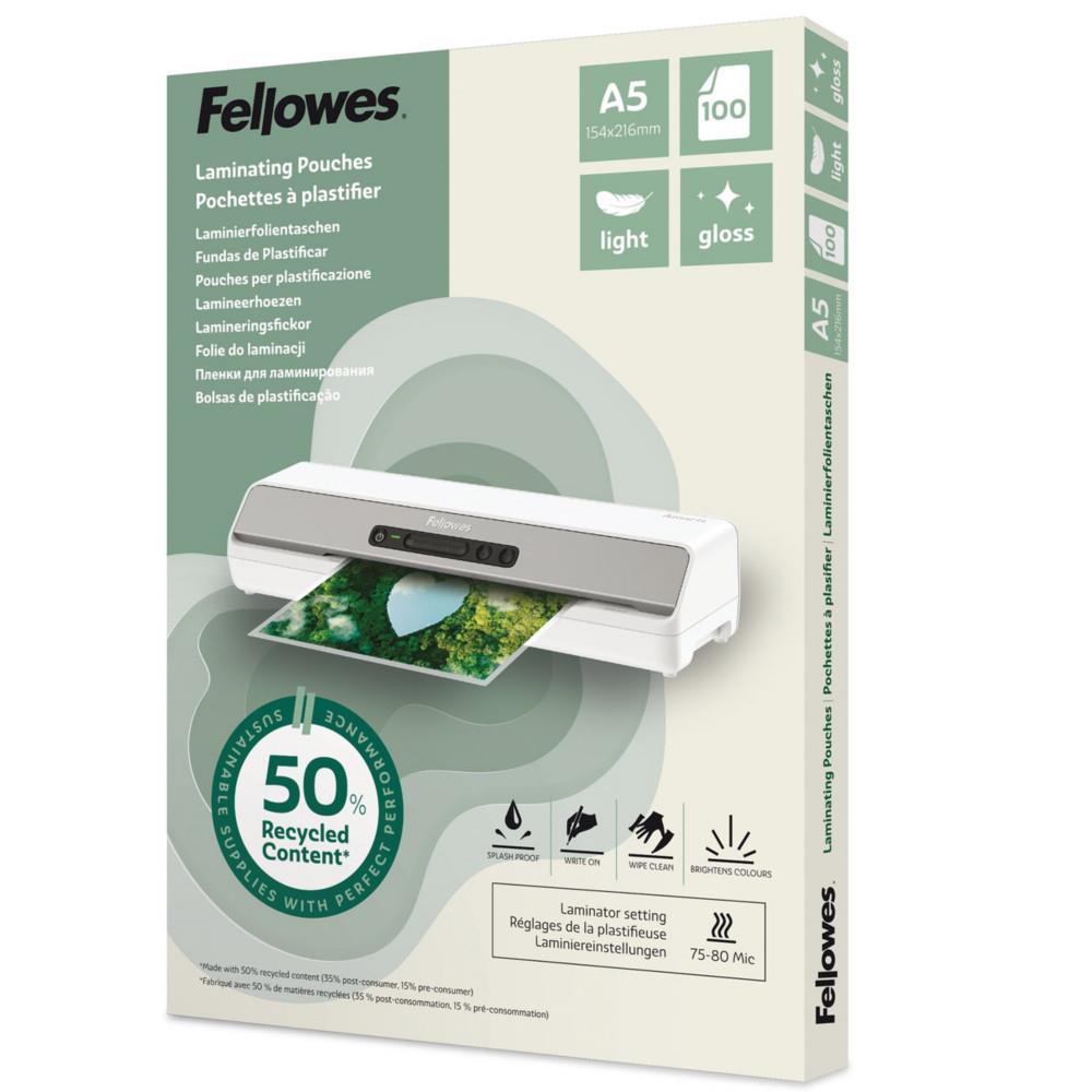 Pochettes de plastification Fellowes A5 Recycl�es - Epaisseur Light : 75/80 microns - Fintition Brillante - Bo�te de 100