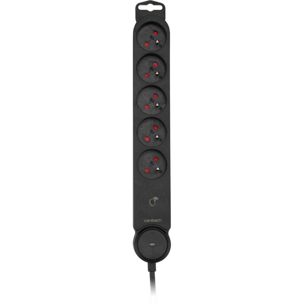 Multiprise Bloc Zenitech de 5 prises secteur en ligne IOTA - Avec interrupteur lumineux - Parafoudre - C�ble de 1,4 m - Noir