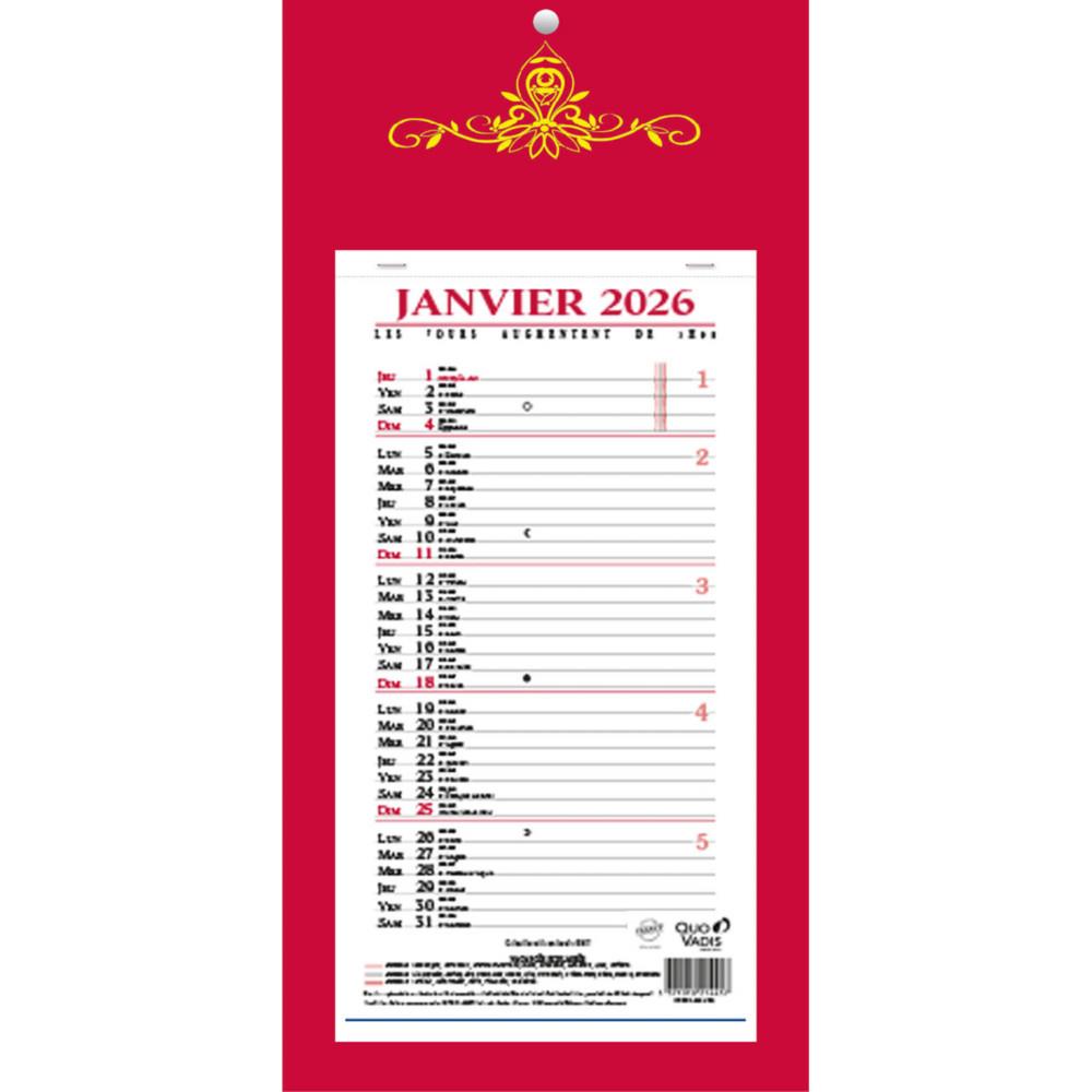 Calendrier mural Quo Vadis - bloc mensuel 20 x 41,5 cm - vert