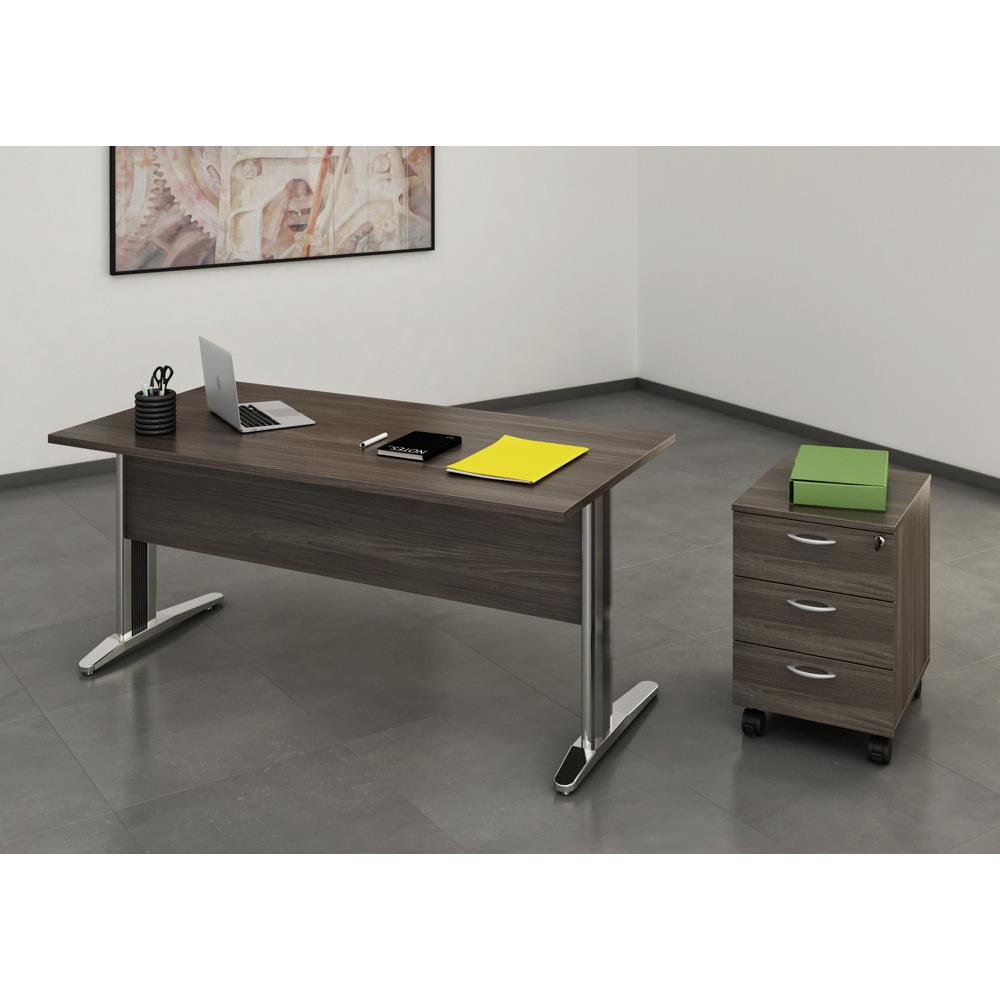 Pack Pulse Prestige - 1 bureau - 140 cm - cendre - pieds chromes  - 1 caisson - 3 tiroirs