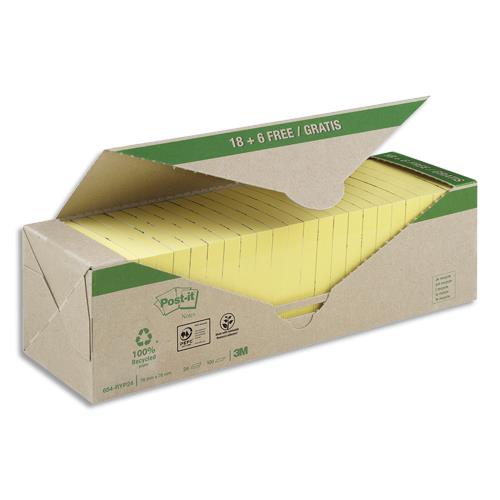 Pack avantages Notes Post-it recycles - 76 x 76 mm - 100 feuilles - 18 blocs + 6 offerts - jaunes
