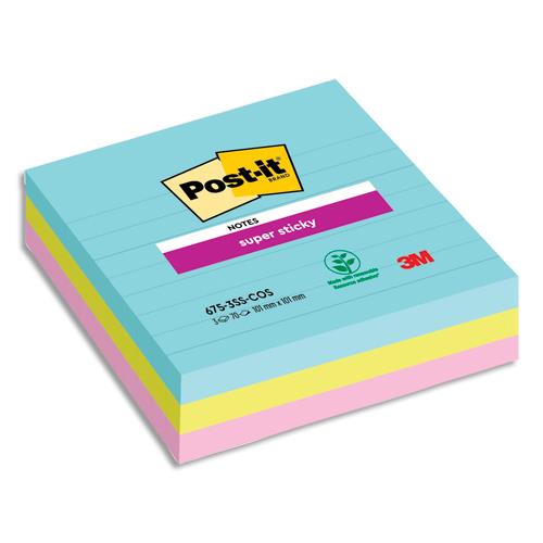 Post-It Super Sticky collection Miami - ligns - 101 x 101 mm - lot de 3 blocs de 70 feuilles