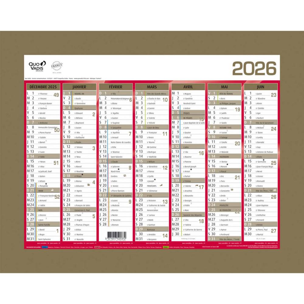 Calendrier mural annuel Quo Vadis Or - 27 x 21 cm