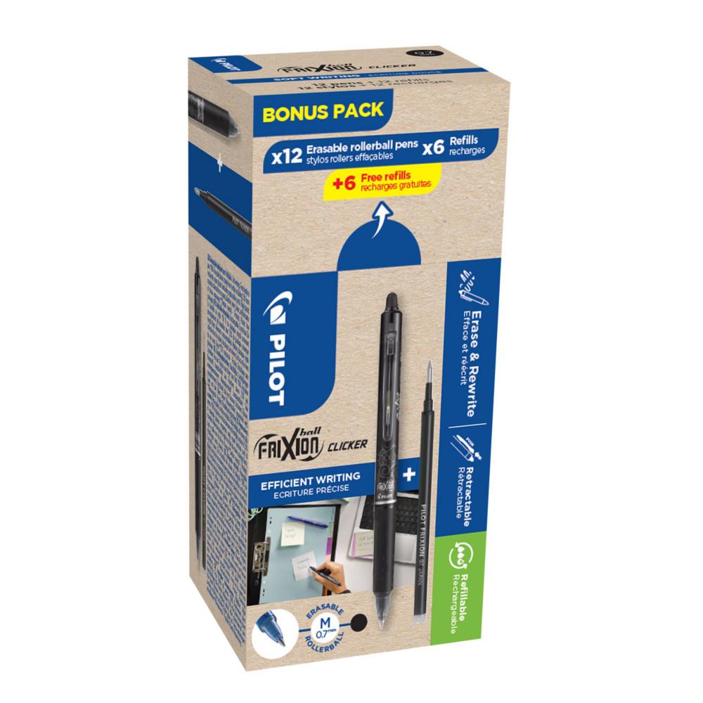Stylo roller rtractable encre gel effaable Pilot FriXion Clicker pointe moyenne 0,7 mm - Noir - Pack de 12 stylos + 12 recharges