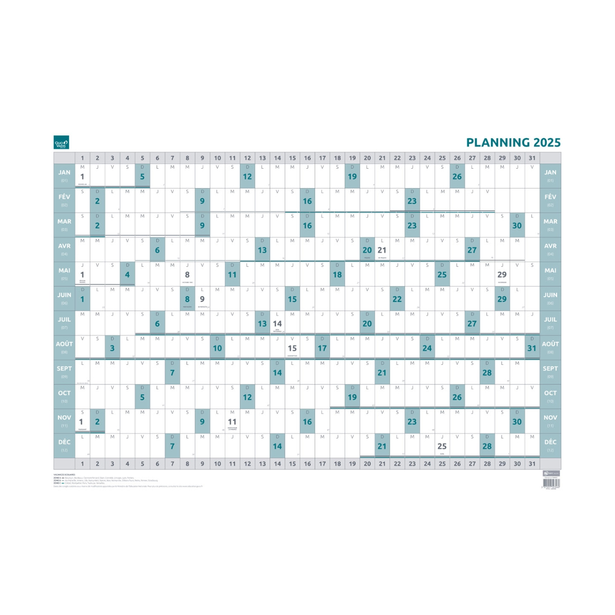 Planning annuel Quo Vadis souple effaable  sec - 90 x 63 cm - 2025
