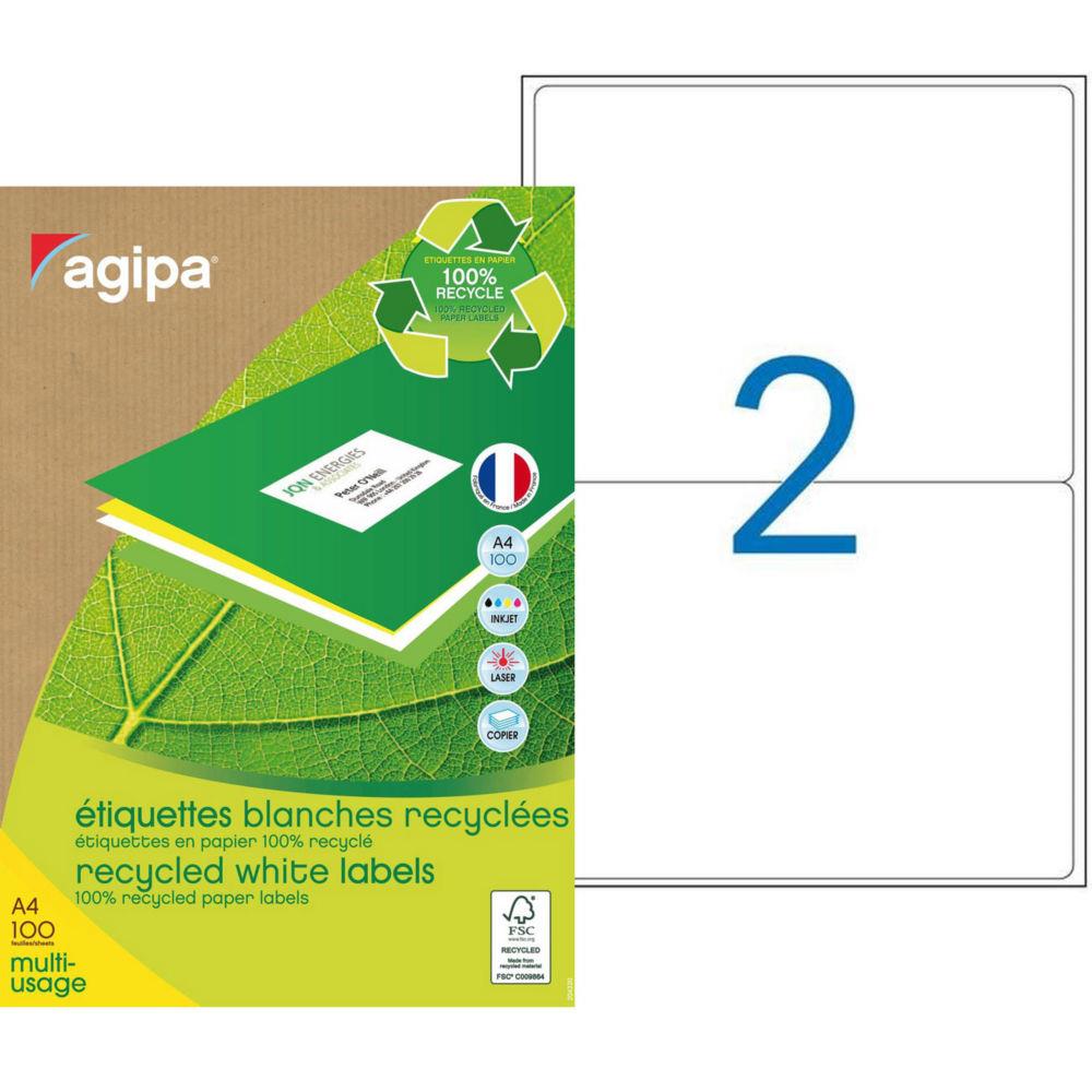 Etiquettes adresses recycles blanches Apli - 199,6 x 143,5 mm - 100 feuilles A4 - 200 tiquettes par bote