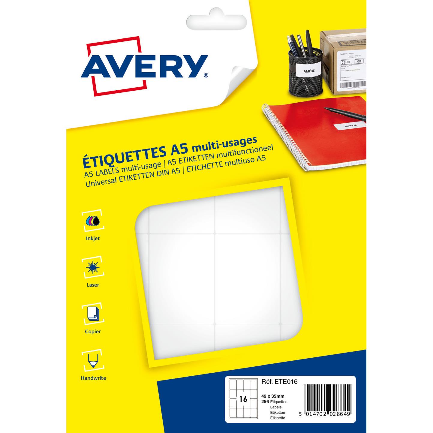 Etiquettes multi-usages Avery - ETE016 - 35 x 49 mm - 16 planches A5 - blanches - paquet de 256