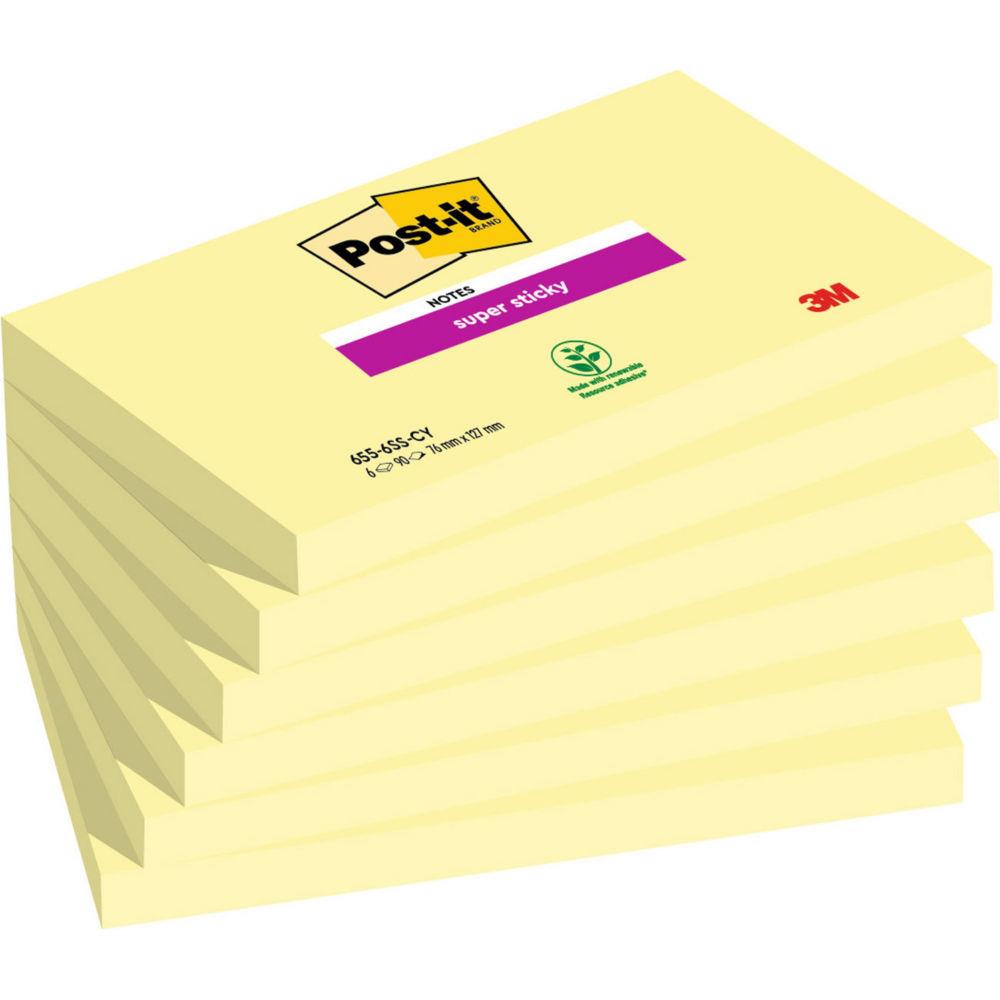 Bloc 90 Feuilles notes repositionnables Post-It Super Sticky Rectangle Canary Yellow - 76 x 127 mm - lot de 6 - paquet 6 x 90 feuilles