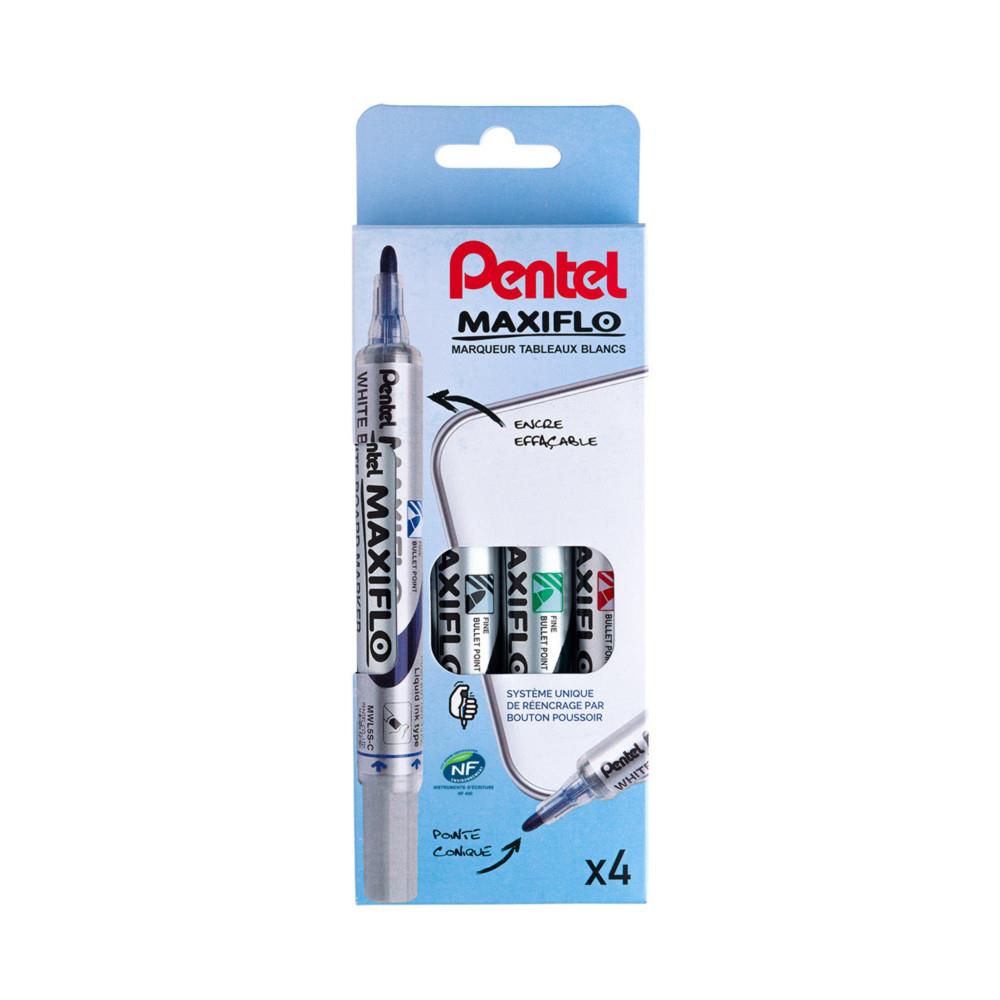 Marqueur Pentel Maxiflo pour tableau blanc - pointe fine ogive - largeur de trait 1,1 mm -  couleurs assorties - lot de 4