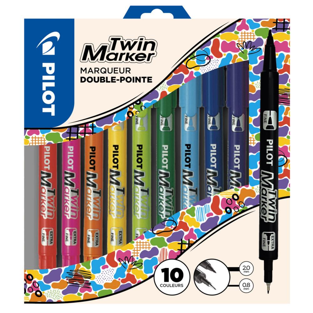 Marqueur permanent Pilot Twin Marker 2 pointes 0,8 mm et 2 mm - Pochette de 10 assorties
