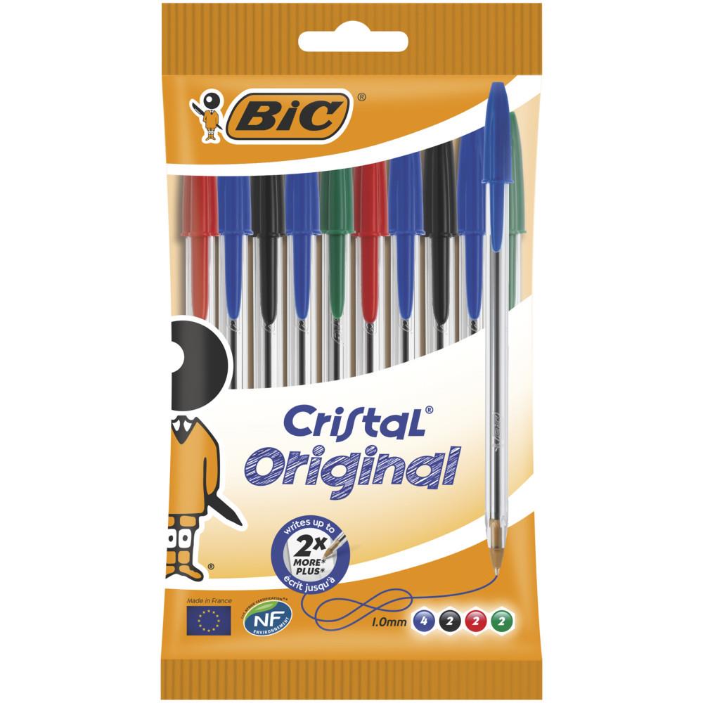 Pochette de 10 stylos  bille Bic - pointe moyenne - 4 couleurs d'encre - corps plastique transparent cristal