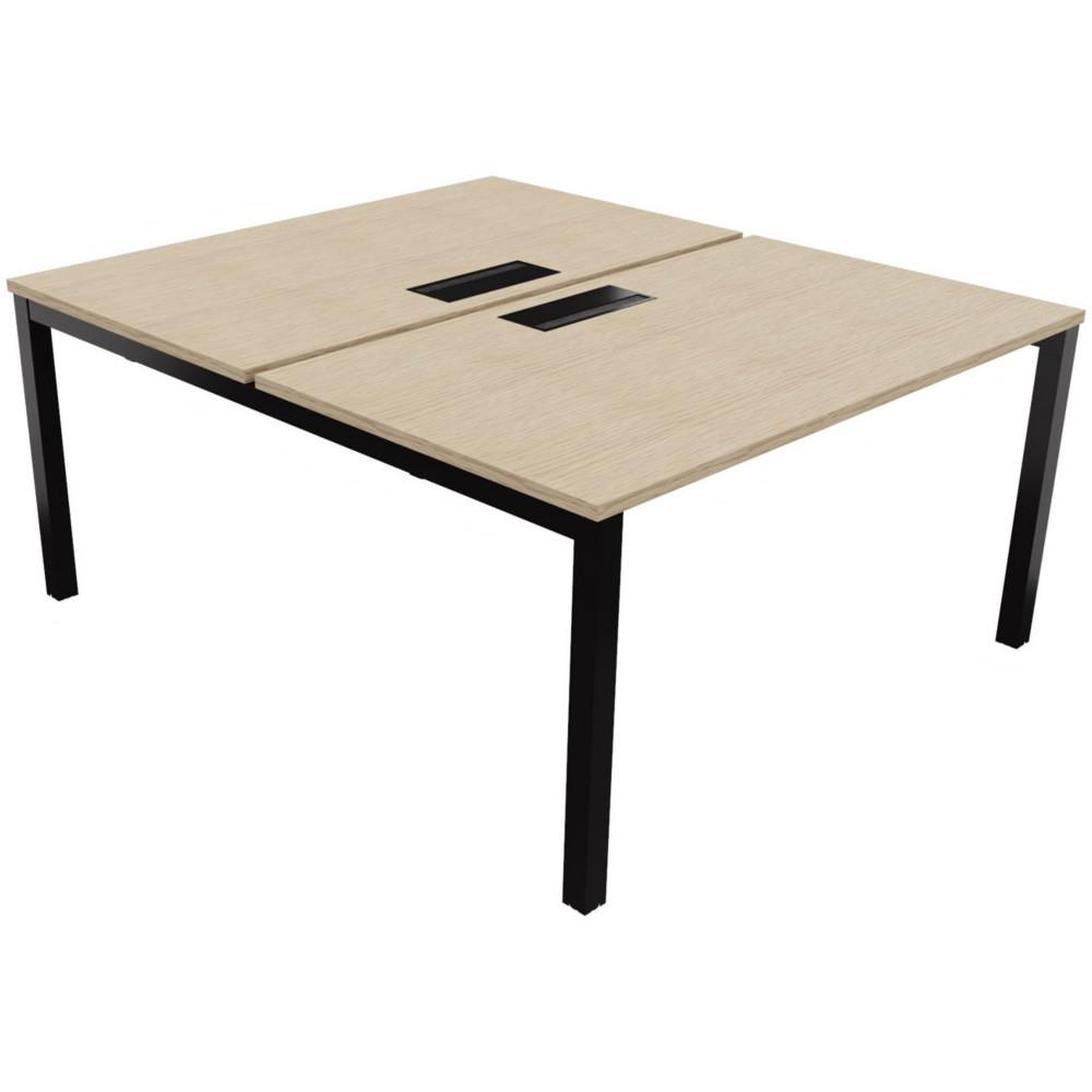 Bureau bench 2 postes Osmose d�part L140 x P163 cm Plateaux Ch�ne avec trappe d'acc�s aux c�bles Pieds m�tal Noir