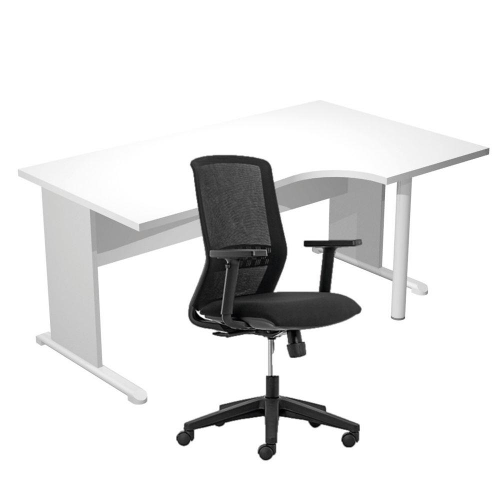 Pack Bureau d'angle compact � droite Pulse Bois - L160 x P100 cm Blanc - Pieds L Aluminium + fauteuil Tekna Noir