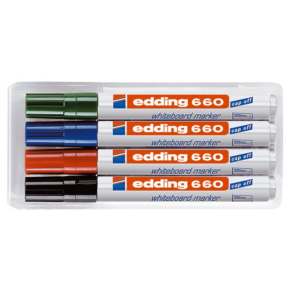 Marqueur Edding 660E - effaable  sec - pointe ogive - pochette de 4 - coloris assortis