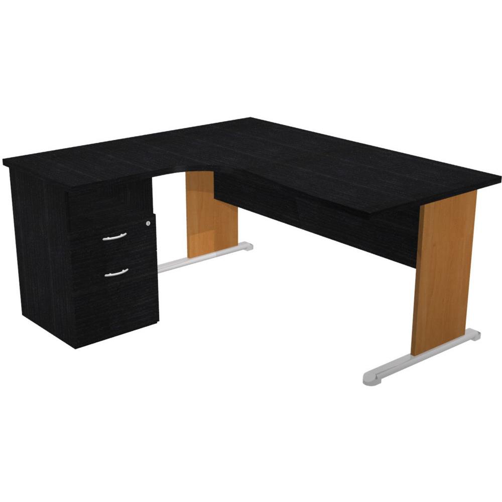 Pack Pulse - 1 bureau compact retour � gauche noir - pieds aulne  -  1 caisson hauteur bureau - prof. 60 cm