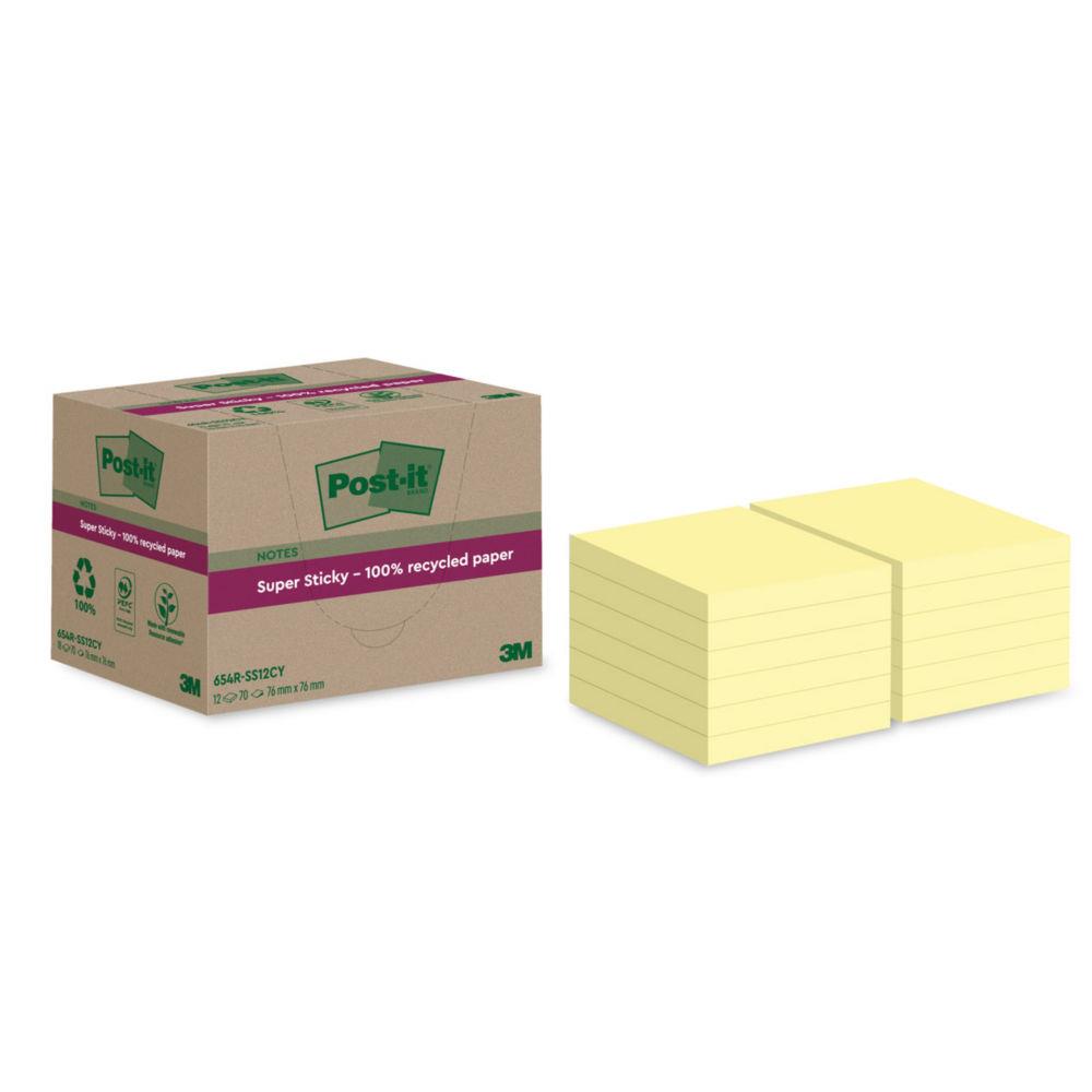 Notes repositionnables recycles Post-it Super Sticky 76 x 76 mm - Jaune - 12 blocs de 70 feuilles