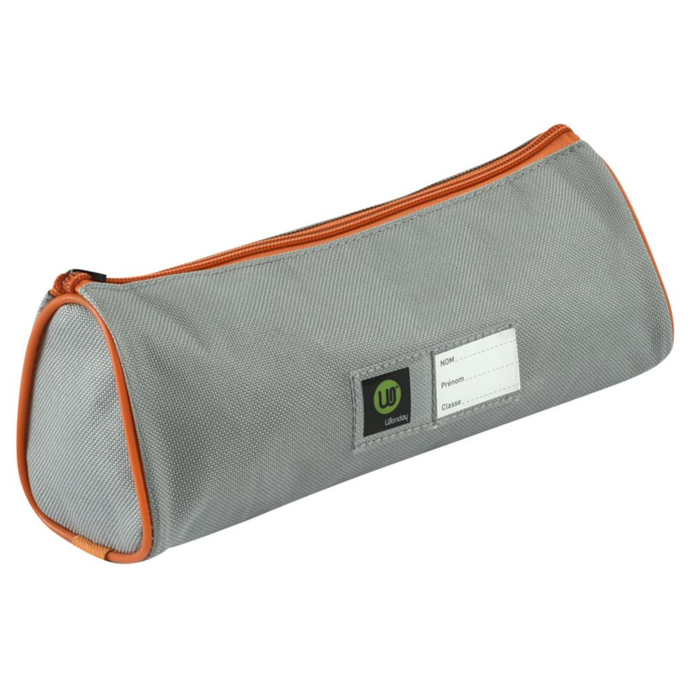 Trousse � crayons Wonday d'�colier avec fermeture �clair zipp�e et �tiquette personnnalisable - Gris et orange