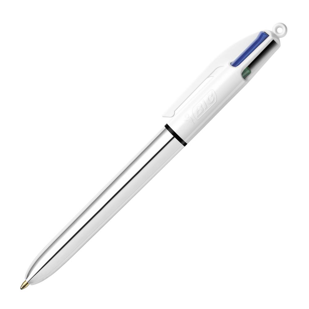 Stylo bille Bic 4 couleurs noir / bleu / vert / rouge - corps argent