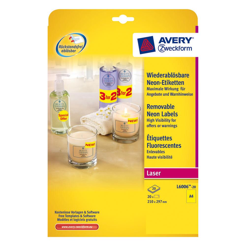 tiquettes d'identification enlevables couleur Avery L600620 - 210 x 297 mm - 20 feuilles - 1 tiquette par feuilles A4 - jaune fluorescent - paquet 20 units