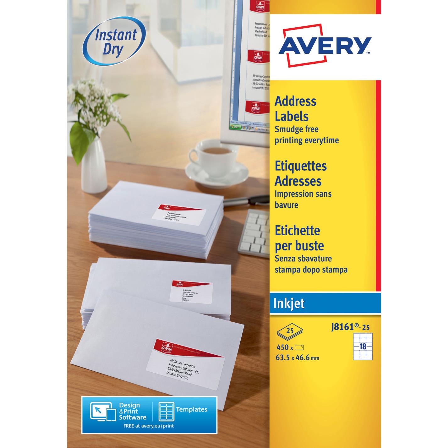Etiquettes jet d'encre Avery J8161 - 25 planches - 63,5 x 46,6 mm - blanc - bote de 450 tiquettes