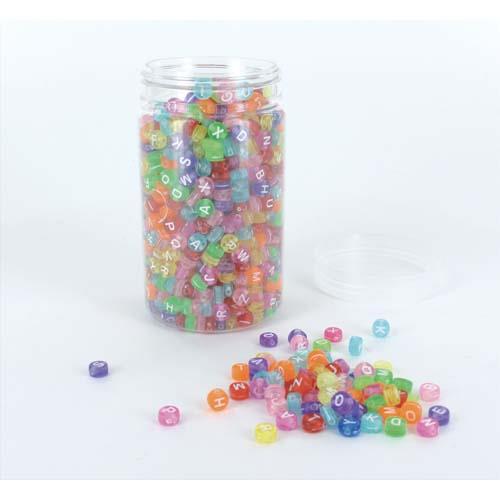 Bocal de 1200 perles alphabet transparentes couleurs assorties - diamtre 7 mm