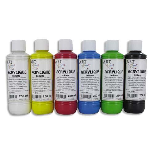 Coffret de 6 x 250ml acrylique brillante Art Plus - blanc, jaune, rouge, bleu, vert, noir