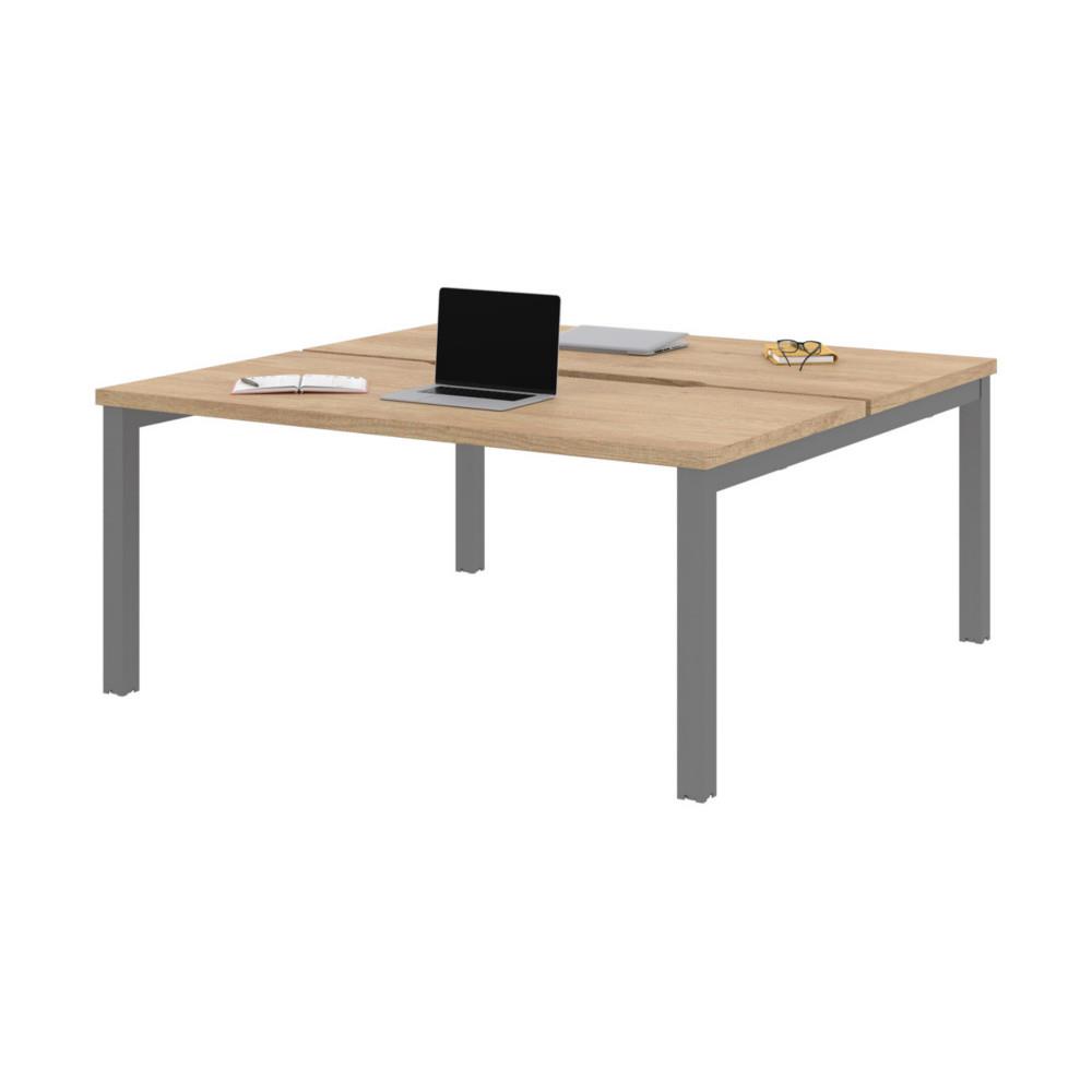 Bureau bench 2 postes Osmose d�part L160 x P163 cm Plateaux �chancr�s Ch�ne Nebraska Pieds m�tal Aluminium