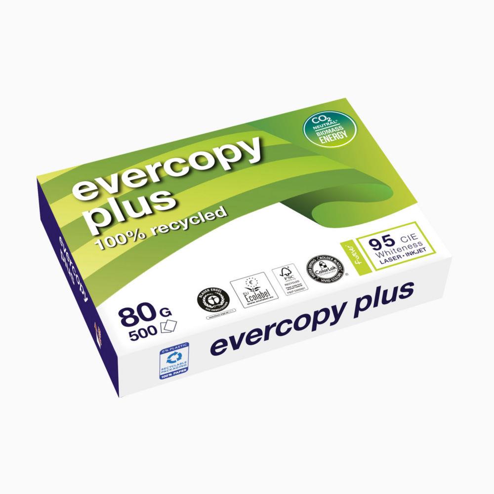 Papier A4 blanc naturel recycl Evercopy + - 80 g - CIE 95 - ramette de 500 feuilles