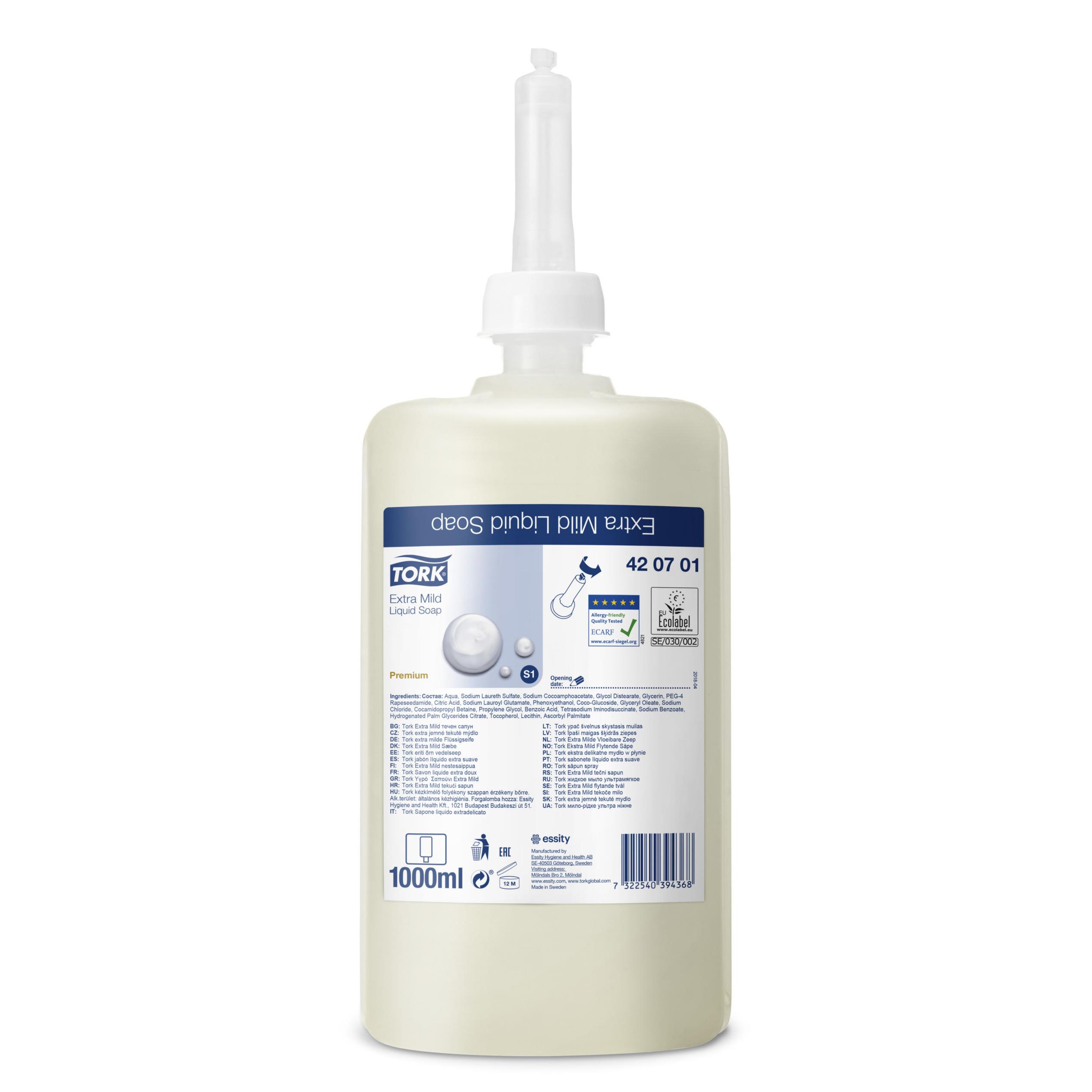 Savon liquide pour les mains Premium S1  - 420701 - extra doux - cartouche - sans parfum - 1 L - pour TORK S1