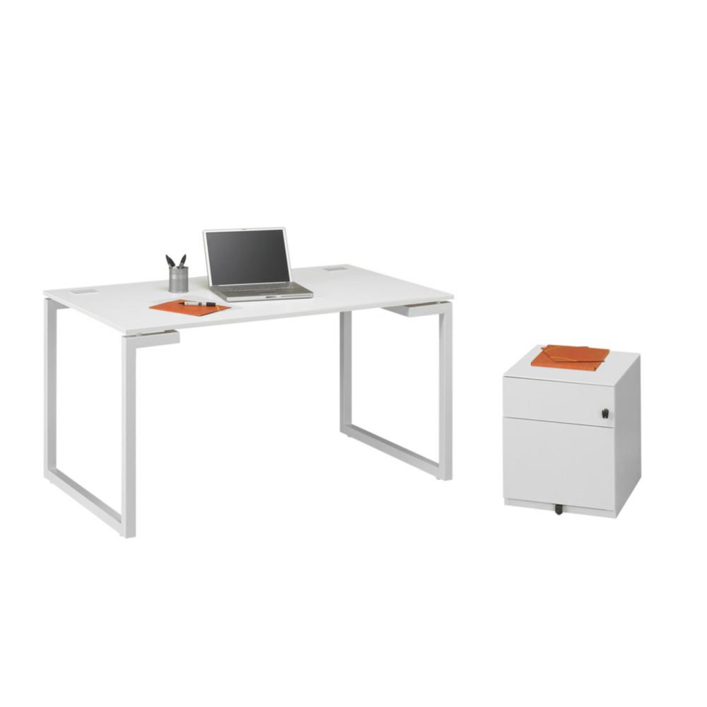 Pack Nexus - 1 bureau droit plateau blanc pieds cadre mtal blanc - L 120 x P 60 x H 73 cm  -  1 caisson mobile mtal - 2 tiroirs blancs
