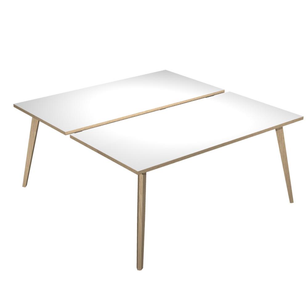 Bureau Bench Knot - 2 postes - L140 x 166 cm - plateau blanc - pieds inclin�s en bois - ch�ne