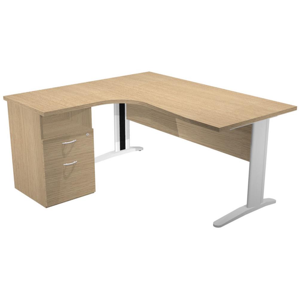 Pack Pulse Prestige - 1 bureau compact retour � gauche - ch�ne - pieds blancs - 1 caisson hauteur bureau prof. 60 cm