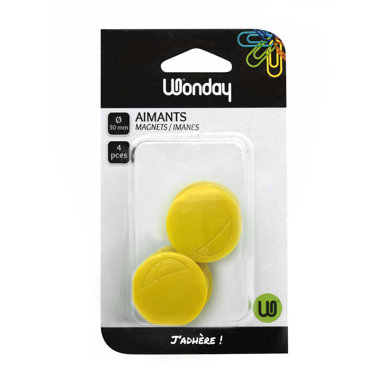 Aimant rond Wonday pour tableau magntique - Diamtre 30 mm - Jaune (blister 4 units)