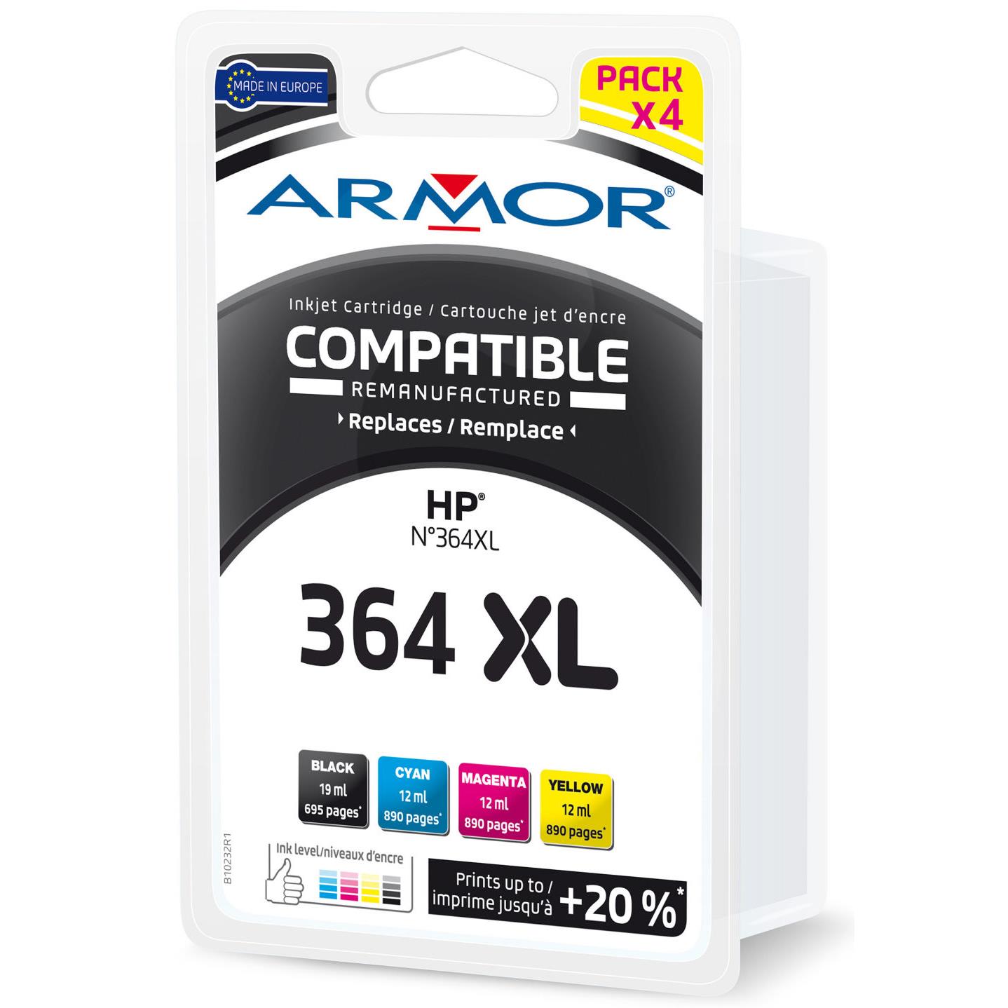 Cartouche Encre Office Depot Cartouche jet d'encre Armor compatible HP N°364XL - pack de 4 - noir