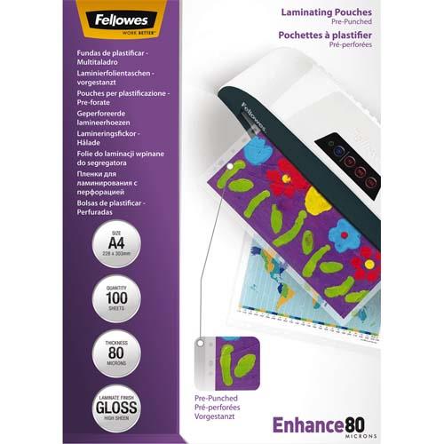 Pochettes pr perfores Fellowes - A4 - brillantes - 80 microns - bote de 100