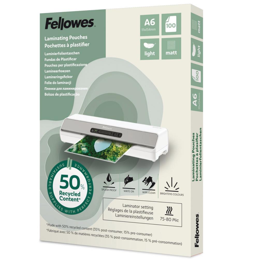 Pochettes de plastification Fellowes A6 Recycl�es - Epaisseur Light : 75/80 microns - Fintition Mate - Bo�te de 100