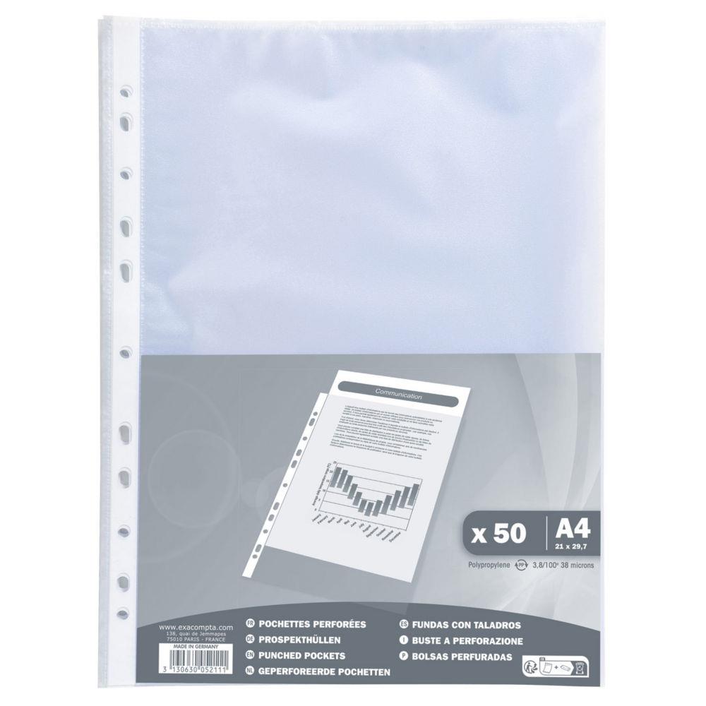 Pochette perfore A4 polypropylne 4/100e graine transparente Exacompta - lot de 50