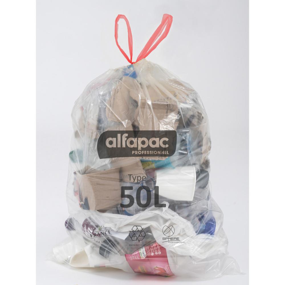 Sac poubelle transparent recycl� 50L - Sac � d�chets Alfapacavec lien coulissant - Lot de 390