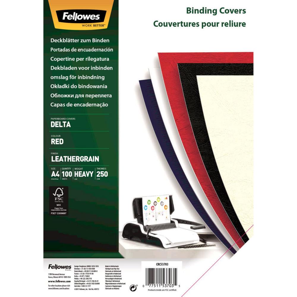 Couvertures de reliure Fellowes - A4 - Delta carton 250g grain cuir FSC - Rouge - bote de 100