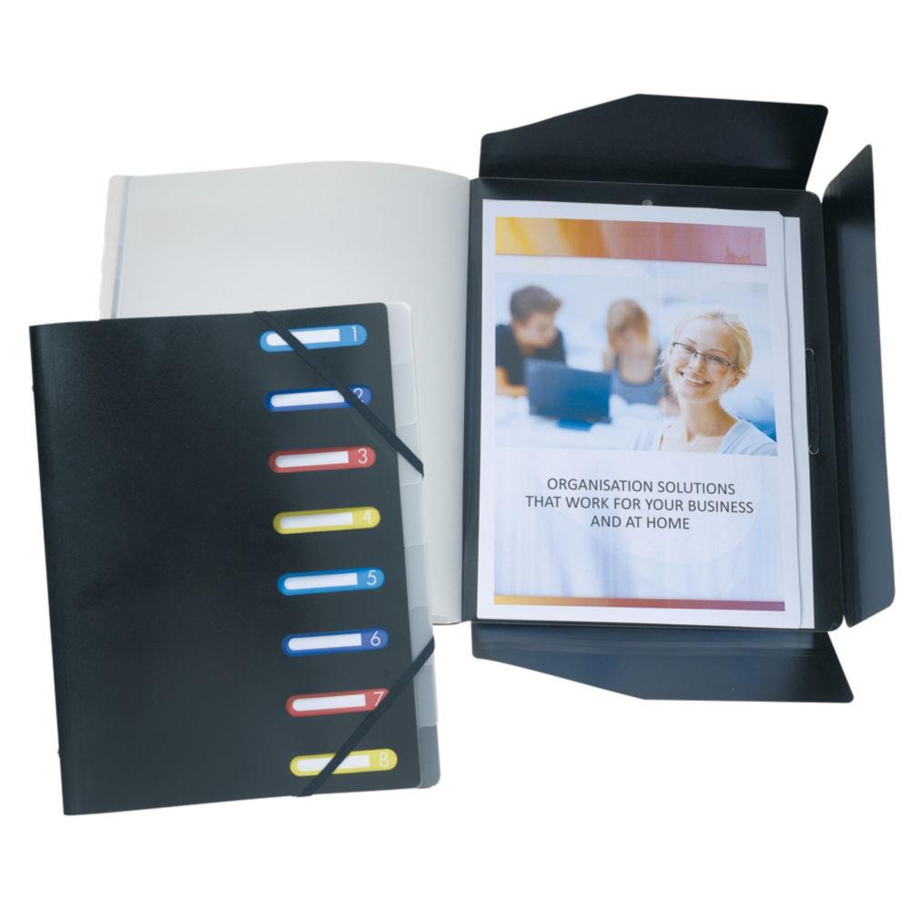 Trieur  3&nbsp;rabats et lastiques, A4, 250&nbsp;feuilles, 8&nbsp;compartiments, intercalaires  onglets, fentres prdcoupes, polypropylne, noir