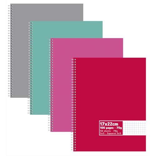 Cahier co - spirales - couvertures carte - 100 pages - 17x22 cm - petits carreaux - assortis