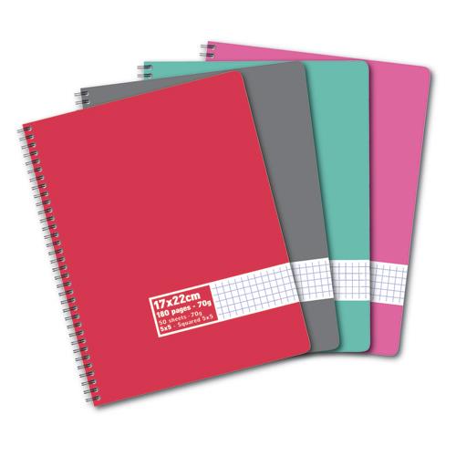 Cahier co - spirales - couvertures carte - 180 pages - 17x22 cm - petits carreaux - assortis